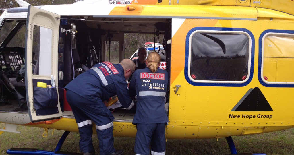 RACQ Careflight Helicopter flew to the aid of an injured man on Fraser Island. RACQ Careflight Helicopter flew to the aid of an injured man on Fraser Island.
